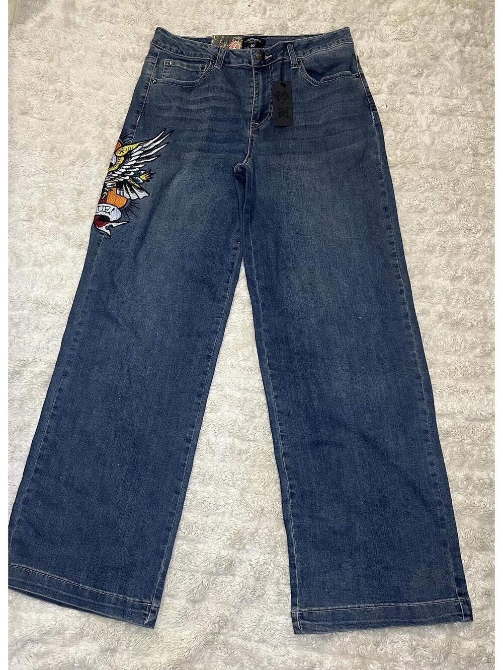 Ed Hardy medium wash embroidered eagle heart tattoo wide leg denim jeans Size 30